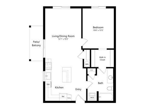Floor plan for 1 bed, 1 bath, 767 sqft